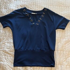 Elegant Navy Short Sleeve Top with Grommet Detail